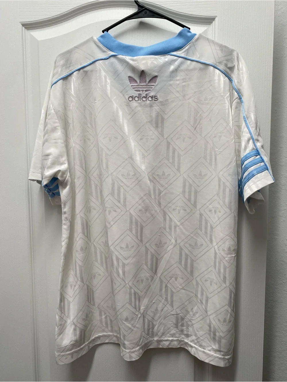 adidas White Short-Sleeve Jersey with Light Blue Trim